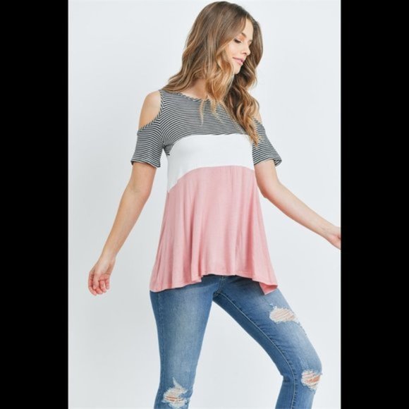 Ginger G Tops - Cold Shoulder color block tee
